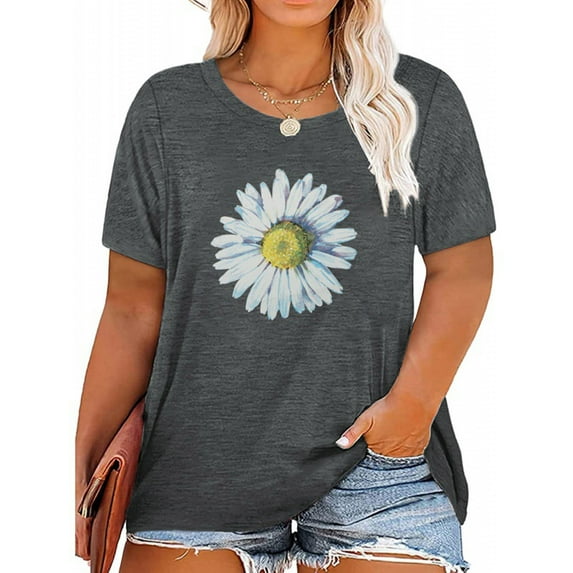 Baqcunre Women's Round Neck Plus-Size Floral Print Short Sleeve Tops Women Clothing Graphic Tees T Shirts for Women,Womens Fashion Womens Tops Dark Gray Xxl