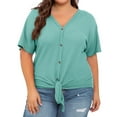thumbnail image 1 of Baqcunre Women's Short-Sleeved V-Neck Waffle Knit Waistband Shirt Tie Front Button-Up T-Shirt Plus Size Top Women Clothing Blouses for Women Dressy Casual Shirts for Women,Womens Tops Army Green L, 1 of 3
