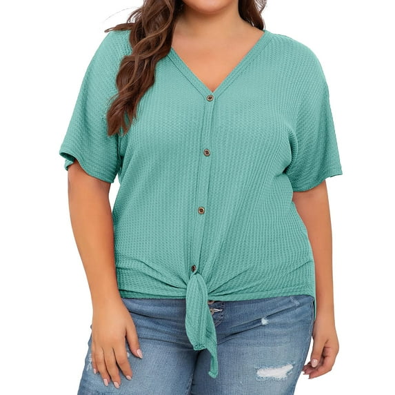 Baqcunre Women's Short-Sleeved V-Neck Waffle Knit Waistband Shirt Tie Front Button-Up T-Shirt Plus Size Top Women Clothing Blouses for Women Dressy Casual Shirts for Women,Womens Tops Army Green L