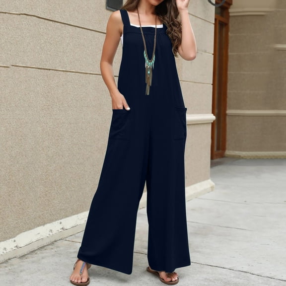 Baqcunre Women's Sleeveless Solid Wide Leg Bib Jumpsuit with Button Pockets,Size L,One Piece Jumpsuit,Womens Jumpsuit,Jumpsuits for Women Casual,Women's Pants,,Dark blue