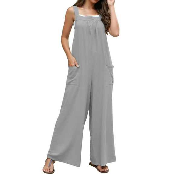 Baqcunre Women's Sleeveless Solid Wide Leg Bib Jumpsuit with Button Pockets,Size XL,One Piece Jumpsuit,Womens Jumpsuit,Jumpsuits for Women Casual,Women's Pants,,Grey