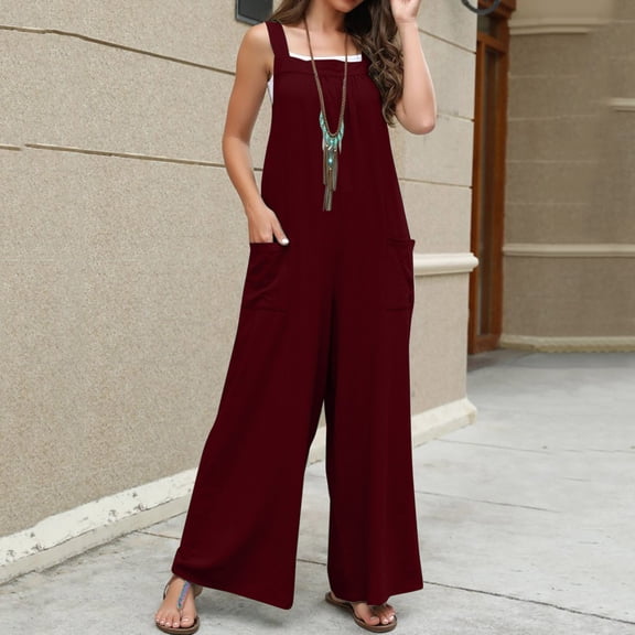Baqcunre Women's Sleeveless Solid Wide Leg Bib Jumpsuit with Button Pockets,Size XL,One Piece Jumpsuit,Womens Jumpsuit,Jumpsuits for Women Casual,Women's Pants,,Wine
