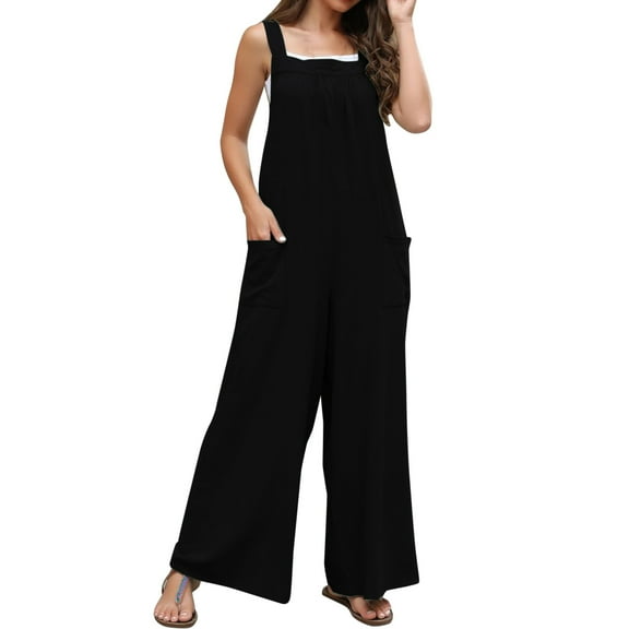 Baqcunre Women's Sleeveless Solid Wide Leg Bib Jumpsuit with Button Pockets,Size XXL,One Piece Jumpsuit,Womens Jumpsuit,Jumpsuits for Women Casual,Women's Pants,,Black