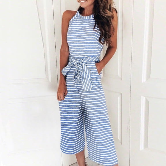 Baqcunre Women's Sleeveless Striped Romper Casual Club Wide Leg Pant Set,Color Blue,Size S-XL
