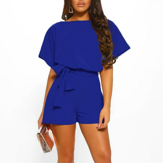 Baqcunre Women's Solid Color Belted O-Neck Short-Sleeved Romper,Color Blue,Size S-XXL