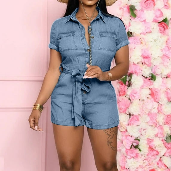 Baqcunre Women's Solid Color Denim Short Jumpsuit with Button Pocket Belt,Color Sky Blue,Size S-XXL