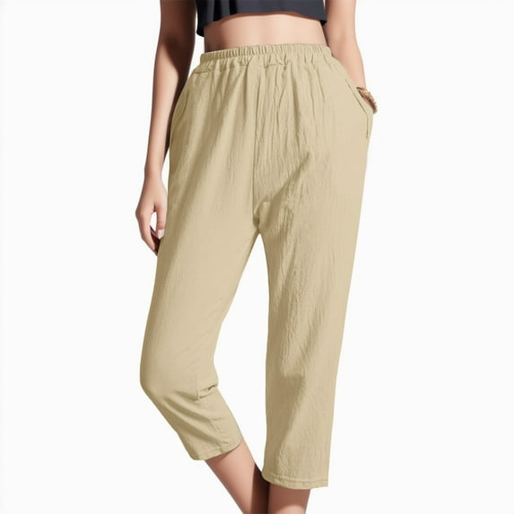 Baqcunre Women's Solid Color Elastic Waist Stitching Straight High Waist Cropped Pants Size S-XXL,Women's Pants Womens Fashion Womens Clothes Pants for Women Khaki