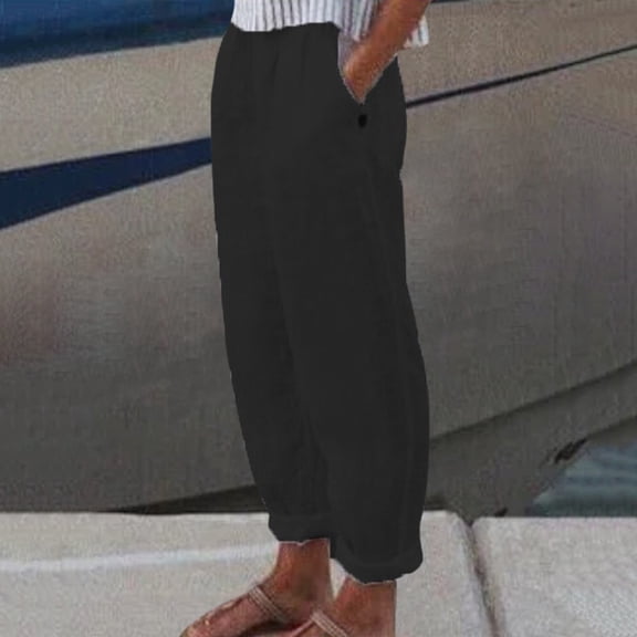 Baqcunre Women's Solid Color High Waist Wide Leg Cotton Linen Pants,Color Black,Size S-3XL