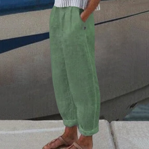 Baqcunre Women's Solid Color High Waist Wide Leg Cotton Linen Pants,Color Green,Size S-3XL