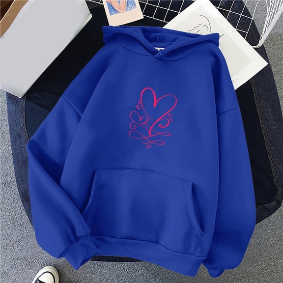 Baqcunre Women's Solid Color Long-Sleeved Love Print Hoodie Matching Hoodies for Couples Womens Hoodies Graphic Hoodie Womens Sweatshirt Blue Xl