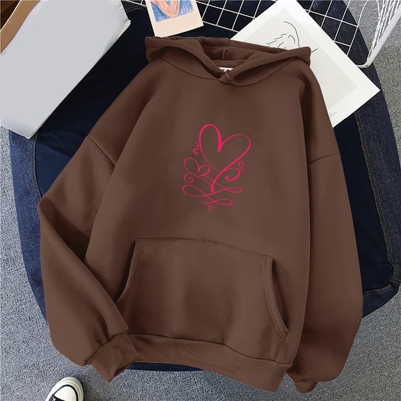 Baqcunre Women's Solid Color Long-Sleeved Love Print Hoodie Matching Hoodies for Couples Womens Hoodies Graphic Hoodie Womens Sweatshirt Coffee S