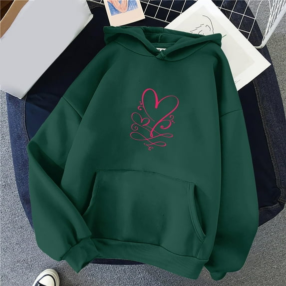 Baqcunre Women's Solid Color Long-Sleeved Love Print Hoodie Matching Hoodies for Couples Womens Hoodies Graphic Hoodie Womens Sweatshirt Green 3Xl