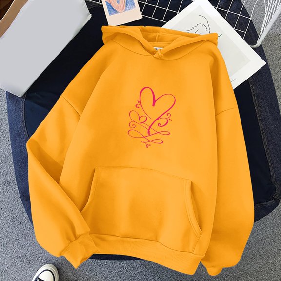 Baqcunre Women's Solid Color Long-Sleeved Love Print Hoodie Matching Hoodies for Couples Womens Hoodies Graphic Hoodie Womens Sweatshirt Yellow 3Xl