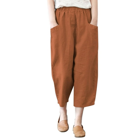Baqcunre Women's Solid Color Loose High Waist Pocket Cotton Hemp Pants,Size S-5XL,Wide Leg Pants Woman,Sweatpants Women,Women's Pants,Womens Clothes,Color Brown