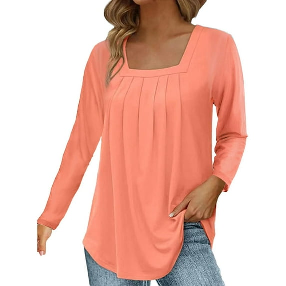 Baqcunre Women's Solid Color Pleated Square Collar Long Sleeve T-Shirt Womens Clothes T Shirts for Women Womens Shirts Womens Tops,Pink,Xxl