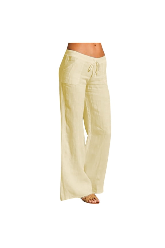 Women's Solid Cotton Hemp Style Mid-Waist Flared Pocket Pants Size S-5XL,Flare Leggings Wide Leg Pants Woman Womens Fashion Pants for Women Yellow