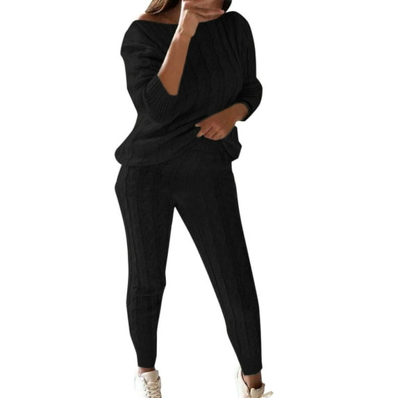 Baqcunre Women's Solid Crew Neck Sweater and Jogger Pant Set,Size S-5XL,Fall Outfits Women Trendy,Two Piece Sets for Women,Sweaters for Women Trendy,Womens Clothes,Color Black
