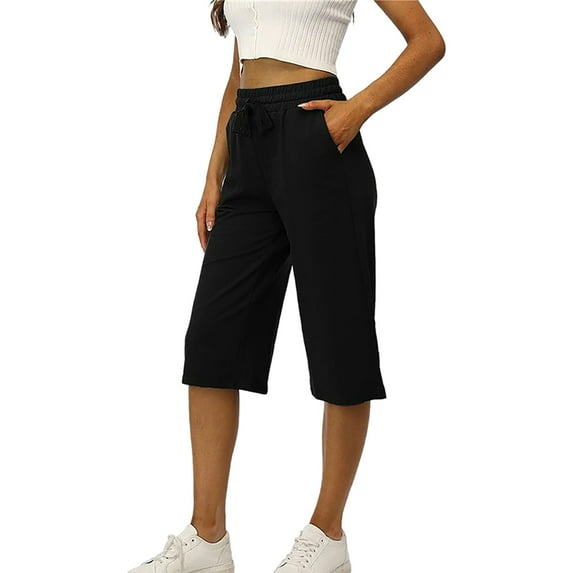 Baqcunre Women's Solid Drawstring Elastic Waist Casual Sports Capri Pants Size L-3XL,Womens Sweatpants Wide Leg Pants Woman Yoga Pants Women Pants for Women Black
