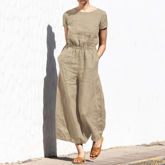 Baqcunre Women's Solid High-Waisted Short-Sleeved Slim Casual Loose Jumpsuit Size S-XXL,Bodysuits for Women One Piece Jumpsuit Women's Pants Womens Fashion Beige