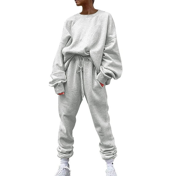 Baqcunre Women's Solid Loose Sportswear Set Long Sleeve Top and Trousers Set Size S-XXL,Sweat Set for Women Fall Outfits Women Trendy Womens Fashion Two Piece Sets for Women White