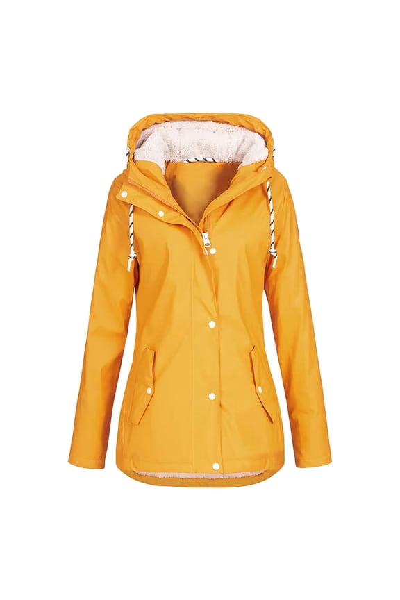 Women's Solid Medium Length Hooded Coat Plus Fleece Large Size Outdoor Windbreaker Coat Rain Jacket Women Fleece Jacket Women Winter Jackets for Women Coats for Women Yellow 3Xl