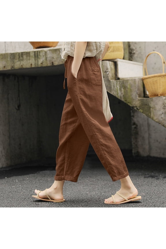 Women's Solid Nine-Point Loose Anti-Cotton Hemp Elastic Waist Pants Size M-3XL,Womens Fashion Wide Leg Pants Woman Flare Pants for Women Women's Pants Khaki