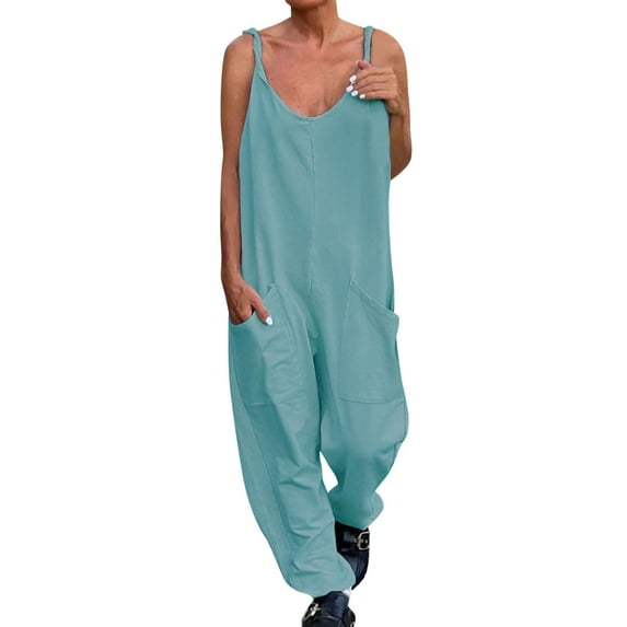 Baqcunre Women's Solid Pocket Spaghetti Strap V Neck Loose Jumpsuit,Color Light blue,Size S-5XL