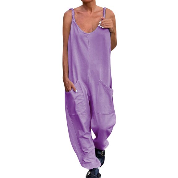 Baqcunre Women's Solid Pocket Spaghetti Strap V Neck Loose Jumpsuit,Color Purple,Size S-5XL