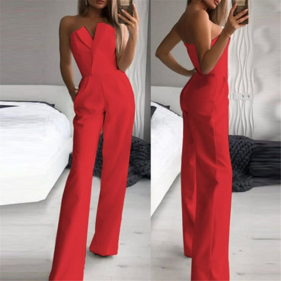 Baqcunre Women's Solid Sleeveless Rompers Tube Top Cold Shoulder Pocket Jumpsuit Womens Fashion One Piece Jumpsuit Womens Pants Women's Jumpsuits, Rompers & Overalls,Red,Size S