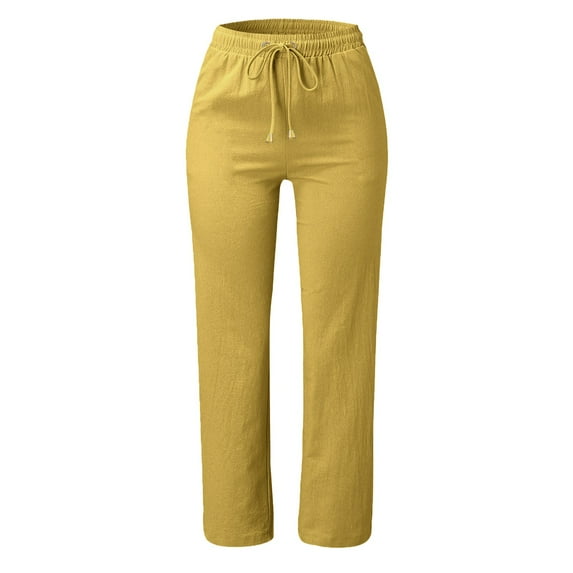 Baqcunre Women's Solid Straight Solid Elastic Pants Long Drawstring Linen Women Waist Cotton Casual Pants Pants for Women 2023 Sweatpants Women Joggers for Women Women's Pants,Yellow,Size 3XL