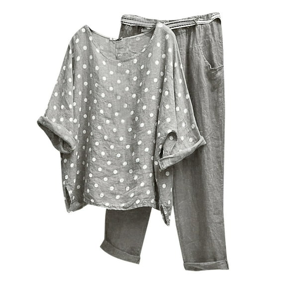 Baqcunre Women's Summer Fashion Long-Sleeved Polka Dot Print Top and Pants Two-Piece Set,Color Grey,Size 3XL-5XL