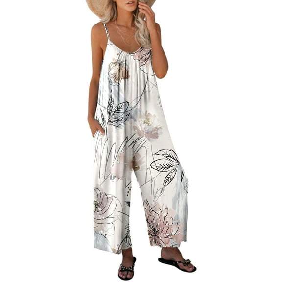 Baqcunre Women's Summer Sleeveless Print Pocket Pant Romper With Thin Straps,Size S-XXL,One Piece Jumpsuit,Womens Jumpsuit,Jumpsuits for Women Casual,Womens Clothes,Color Beige
