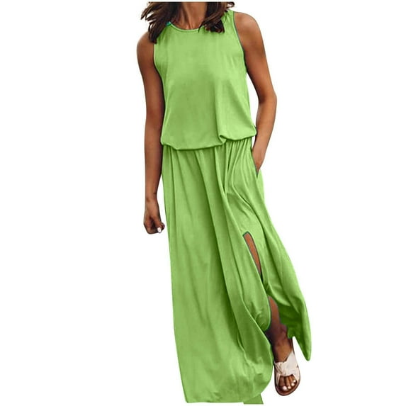 Baqcunre Women's Summer Sleeveless Round Neck Maxi Dresses Solid Color fork Opening Dress Long Dresses for Women Womens Dresses Casual Dresses for Women Holiday Dresses for Women,Green,Size XL