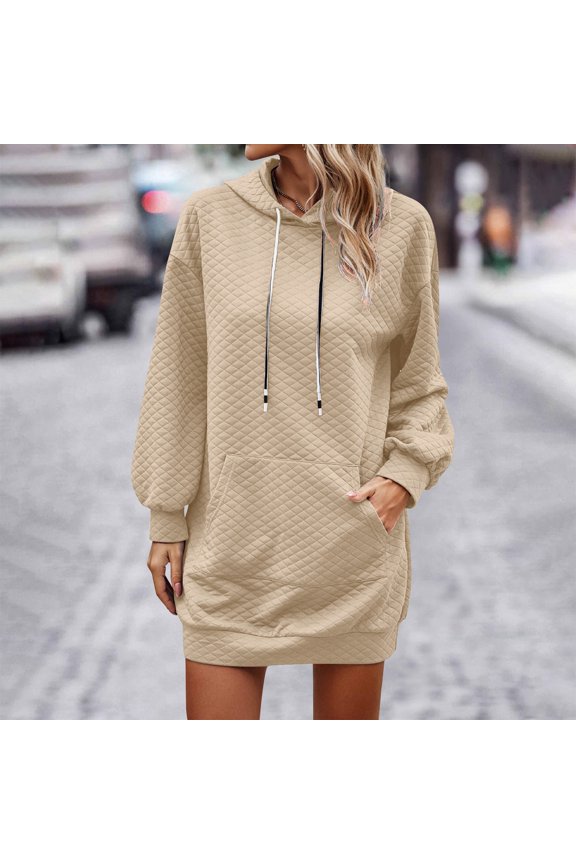 Women's Sweaters Autumn And Fashion Plaid Large Pocket Quilted Hooded Sweatshirt Casual Long Sleeved Pullover Hoodie Sweater Dress Cropped Sweatshirt Fall Outfits Women Trendy Beige M