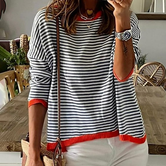 Baqcunre Women's Sweaters Women's Knitted Sweater Stripe Contrast Color Design Drop Shoulder Long Sleeve Pullover Casual Crewneck Sweatshirts Fall Outfits Women Trendy White S