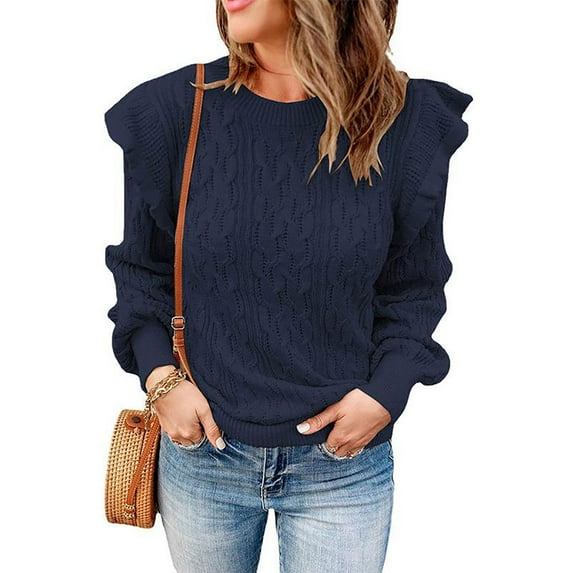 Baqcunre Women's Sweaters Women Casual Sweater Crewneck Ruffle Shoulder Long Sleeve Cable Knit Solid Loose Ribbed Hem Pullover Jumper Top Crewneck Sweatshirts Fall Outfits Women Trendy Navy 3XL