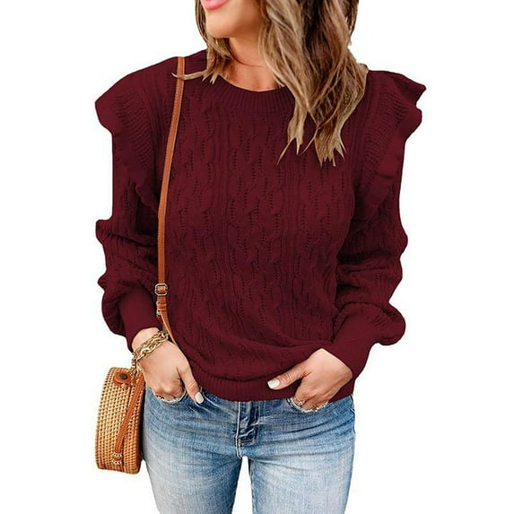 Baqcunre Women's Sweaters Women Casual Sweater Crewneck Ruffle Shoulder Long Sleeve Cable Knit Solid Loose Ribbed Hem Pullover Jumper Top Crewneck Sweatshirts Fall Outfits Women Trendy Wine XXL