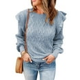 thumbnail image 1 of Baqcunre Women's Sweaters Women Casual Sweater Crewneck Ruffle Shoulder Long Sleeve Cable Knit Solid Loose Ribbed Hem Pullover Jumper Top Crewneck Sweatshirts Fall Outfits Women Trendy Light blue L, 1 of 6
