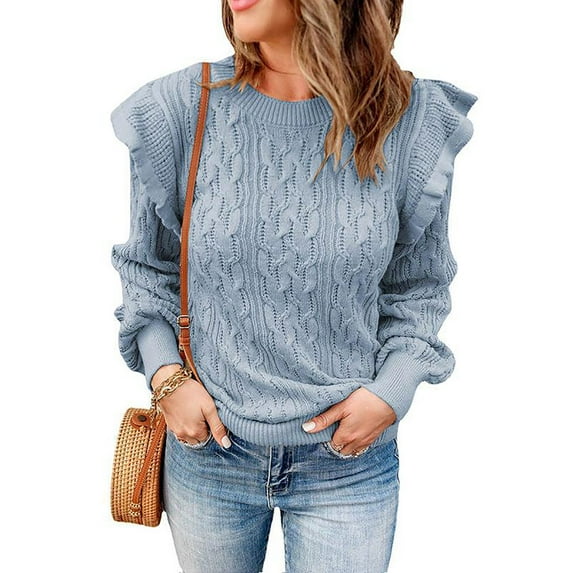 Baqcunre Women's Sweaters Women Casual Sweater Crewneck Ruffle Shoulder Long Sleeve Cable Knit Solid Loose Ribbed Hem Pullover Jumper Top Crewneck Sweatshirts Fall Outfits Women Trendy Light blue L