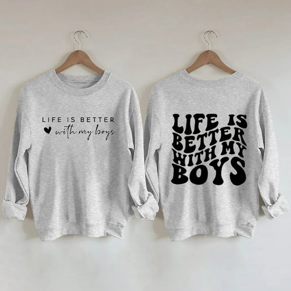 Baqcunre Women's Sweaters Women's Fashion And Fun Life Is Better With My Boys Letter Print Round Neck Sweater Crewneck Sweatshirts Fall Outfits Women Trendy Grey XL