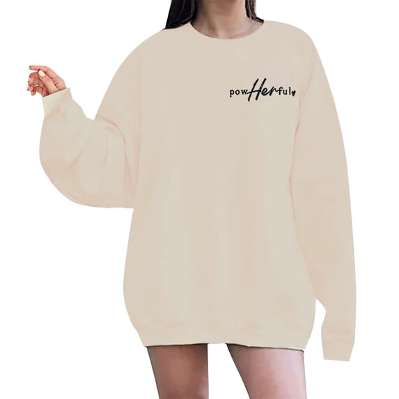 Baqcunre Women's Sweaters Women's Long Sleeved Letter Powherful Print Long Sleeved Sweater Crewneck Sweatshirts Fall Outfits Women Trendy Beige L