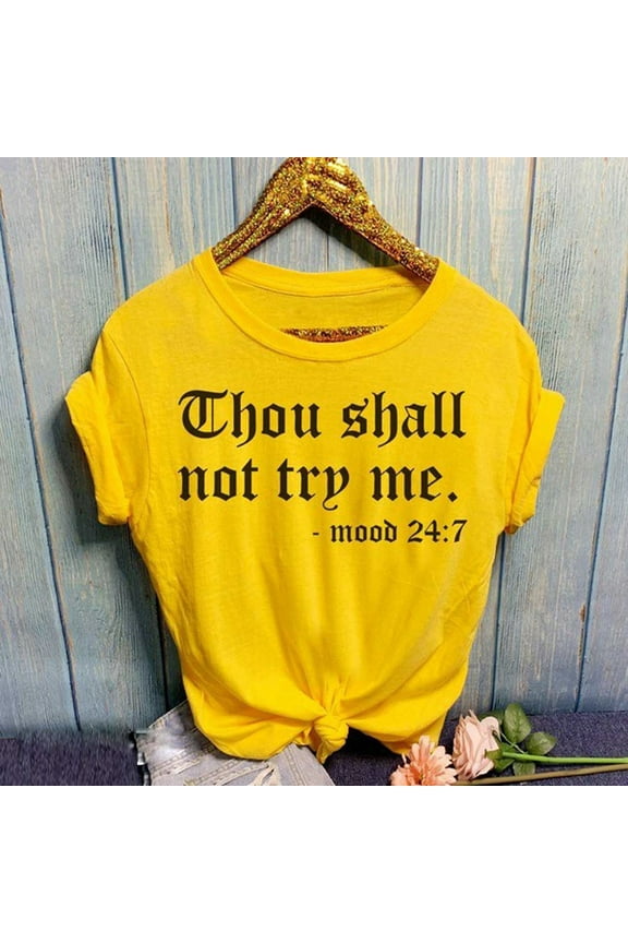 Women's Thou Shall Not Try Me Print Round-Neck Short-Sleeved Monogram T-Shirt Women Clothing Graphic Tees T Shirts for Women,Womens Tops Yellow S