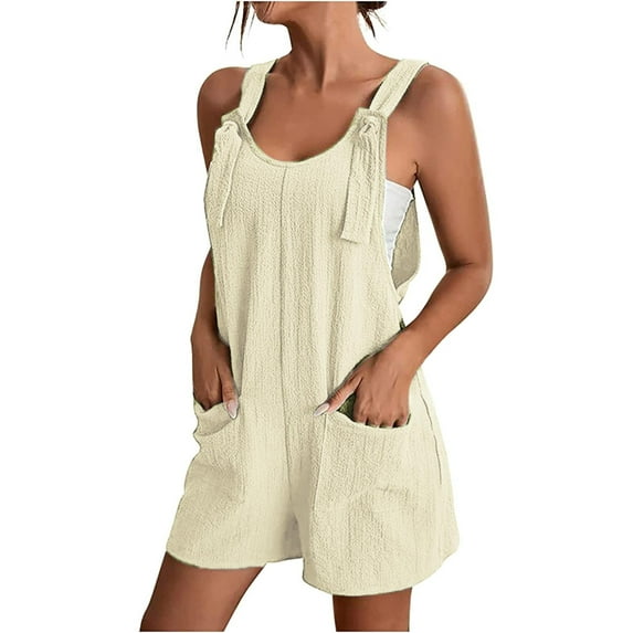 Baqcunre Women's Tie Shoulder Overall Shorts Scoop Neck Romper With Pocket,L,Overalls For Women Loose Fit,Womens Jumpsuit,Rompers For Women 2023,Jumpsuits For Women Casual,Womens Clothes,Beige