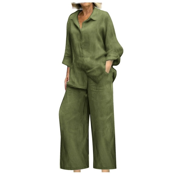 Baqcunre Women's Trousers Suit, Linen 2 Piece Sets for Women Summer 2025 Loose Long Sleeve Shirts Wide Leg Pant Matching Set Plus Size Vacation Outfits Green 4XL