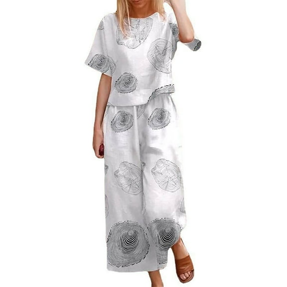 Baqcunre Women's Trousers Suit, Vacation Outfits For Women Linen Summer Sets 2 Piece Oversized Set Short Sleeve Tops And Wide Leg Pant Set White M