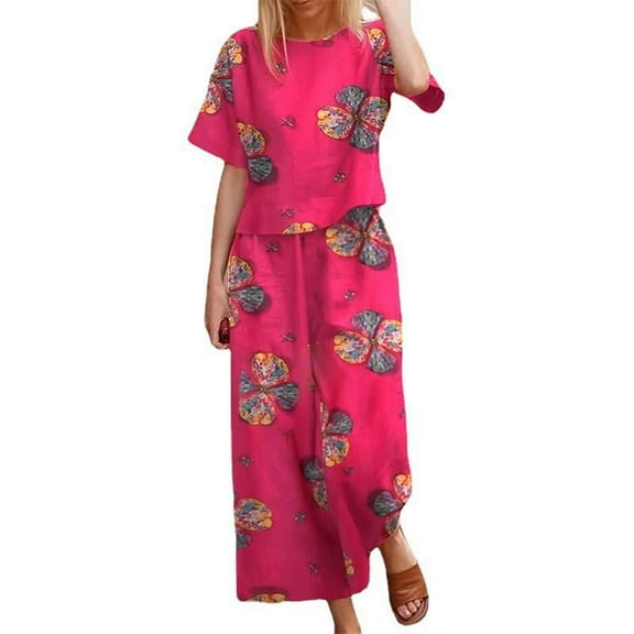 Baqcunre Women's Trousers Suit, Vacation Outfits For Women Linen Summer Sets 2 Piece Oversized Set Short Sleeve Tops And Wide Leg Pant Set Hot Pink XL