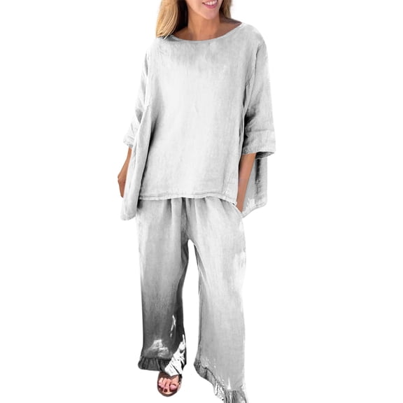Baqcunre Women's Trousers Suit, Women Linen 2 Piece Pants Suit for Women Cotton Linen Sets Outfits Long Sleeve Shirts Wide Leg Trousers White L
