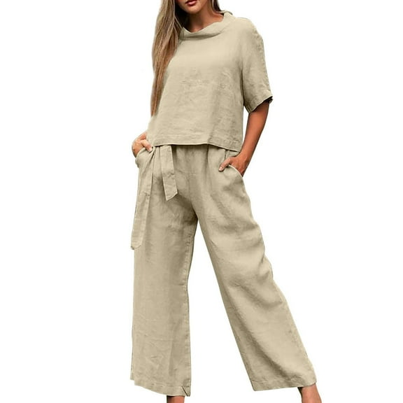 Baqcunre Women's Trousers Suit, Women's Fashion Set for Spring and Summer Cotton Linen Short Sleeved Round Neck Casual Solid Color Two Piece Set Beige L