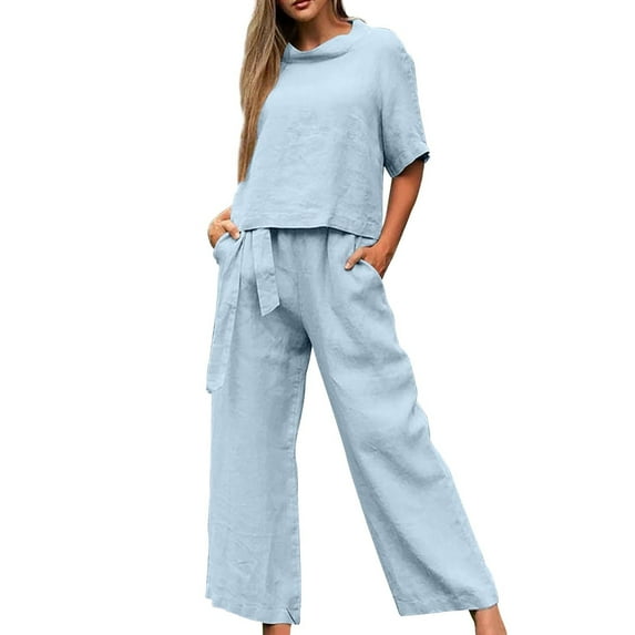 Baqcunre Women's Trousers Suit, Women's Fashion Set for Spring and Summer Cotton Linen Short Sleeved Round Neck Casual Solid Color Two Piece Set Blue S