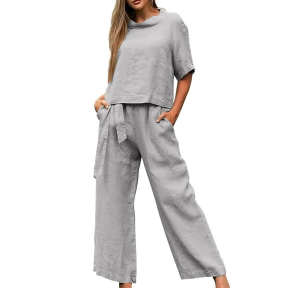 Baqcunre Women's Trousers Suit, Women's Fashion Set for Spring and Summer Cotton Linen Short Sleeved Round Neck Casual Solid Color Two Piece Set Gray M